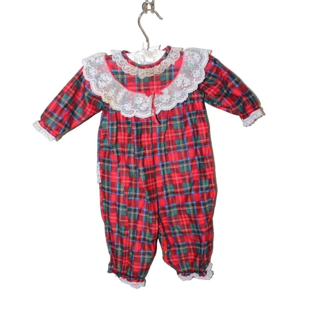 Vintage Baby Girl Red White Plaid Christmas Romper Size 6M Allison Ann Photoshoo
